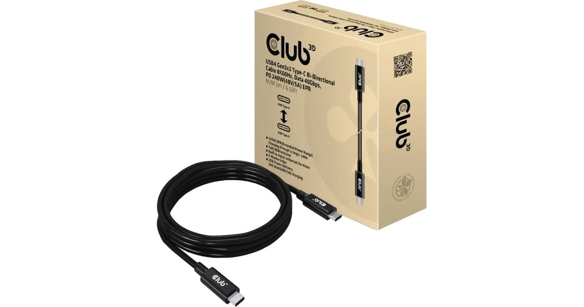CLUB 3D USB4 GEN3X2 TYPEC BIDIRECTIONAL KABEL, 2 METER (ZWART, 8K60HZ, DATA 40GBPS, PD 240W(48V/5A) EPR)